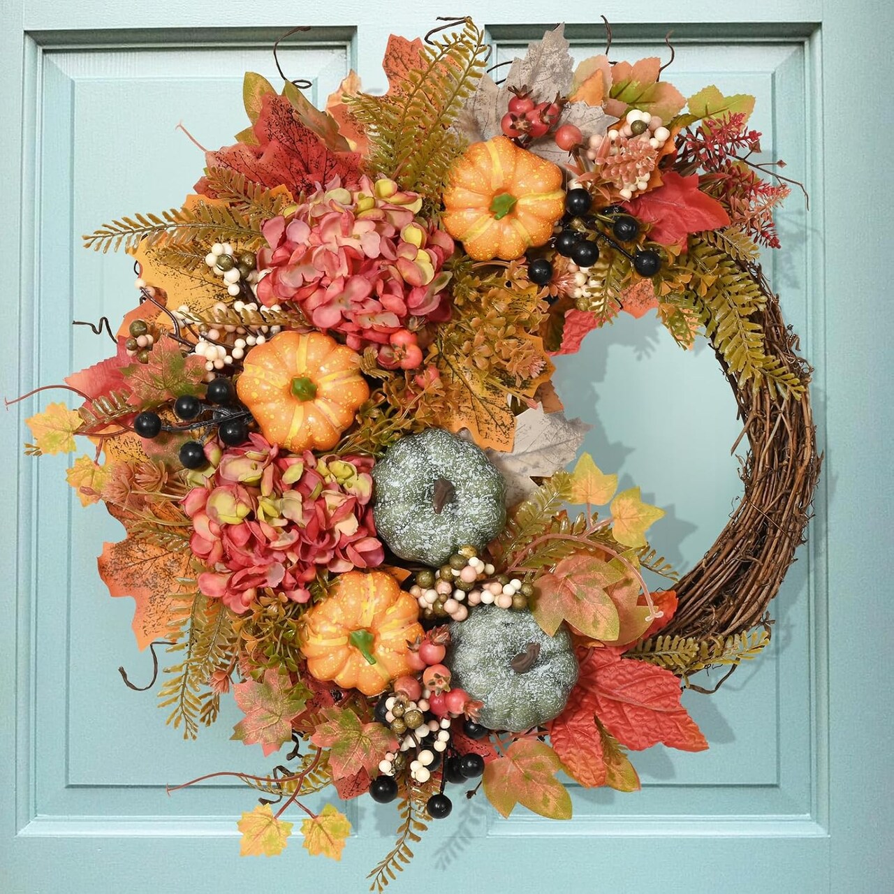 Fall Wreaths for Front Door Outside - 18" Artificial Pumpkin Hydrangea Flowers Maple Leaves and Berries for Porch Wall Window Halloween Thanksgiving Indoor Outdoor Decorations